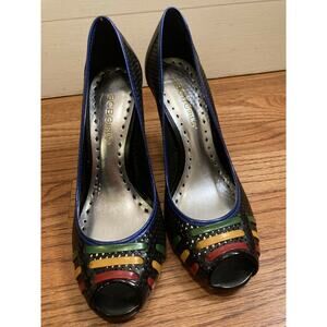 *BCBGIRLS* Black x Rainbow Accent. Mesh Open Toe Heels. New!